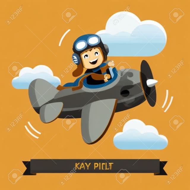 Happy smiling kid flying plane like a real pilot in retro leather flight helmet. Flat style cartoon vector illustration.
