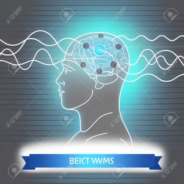 Onde cerebrali. Elettrodi collegati ad una testa di uomo. Mente concetto di potenza. Vettore piatto icona linea sottile.