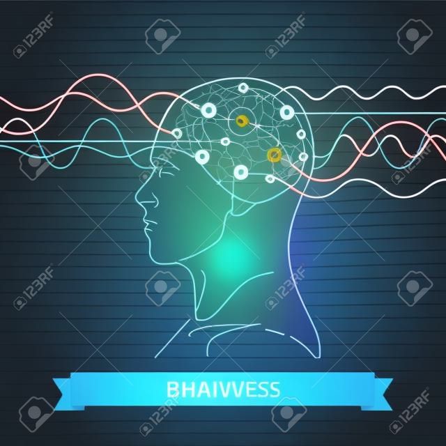Fale mózgowe. Elektrody podłączone do głowy człowieka. Pilnuj koncepcji zasilania. Płaski wektor ikona cienka linia.