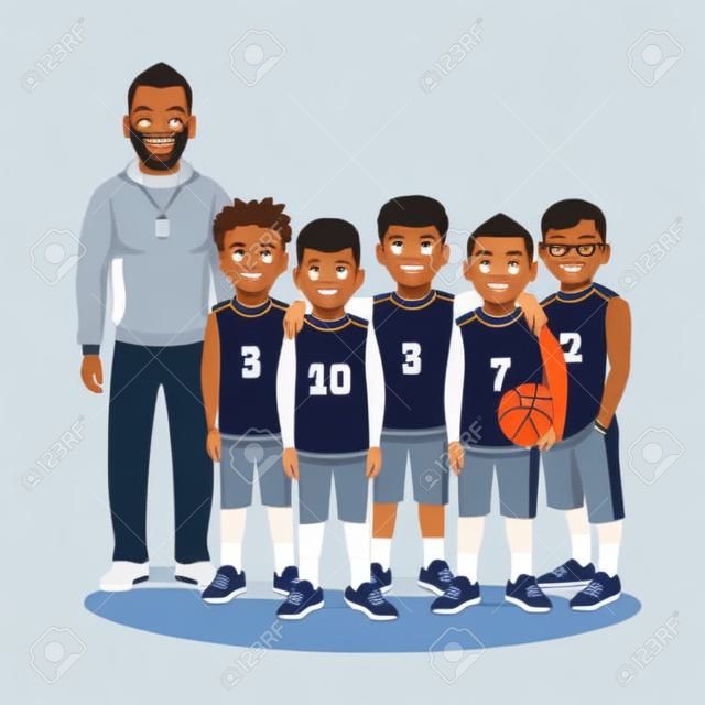 Iskola a fiúk kosárlabda csapat állt az edző. Lapos stílus vektoros illusztráció elszigetelt fehér háttérrel.