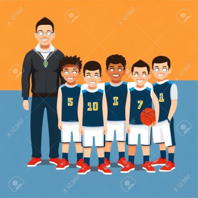 squadra della scuola i ragazzi di basket in piedi con il loro allenatore. Piatto stile illustrazione vettoriale isolato su sfondo bianco.