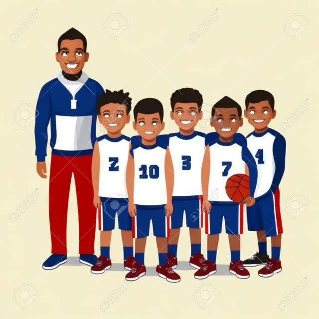 Iskola a fiúk kosárlabda csapat állt az edző. Lapos stílus vektoros illusztráció elszigetelt fehér háttérrel.