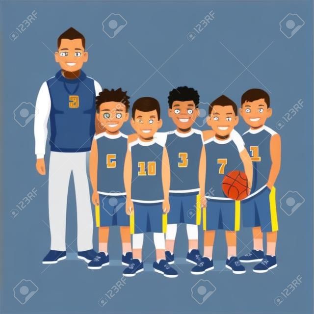 School boys basketball team standing with their coach. Flat style vector illustration isolated on white background.