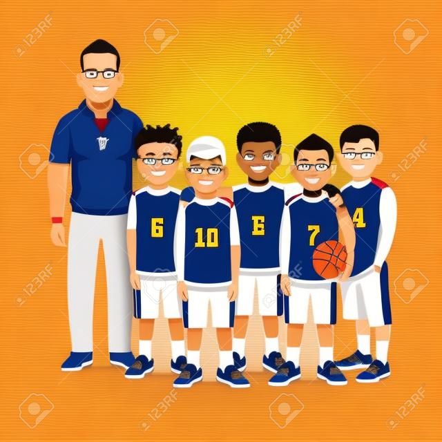 Schule Jungen Basketball-Team mit ihrem Trainer stehen. Wohnung Stil Vektor-Illustration isoliert auf weißem Hintergrund.