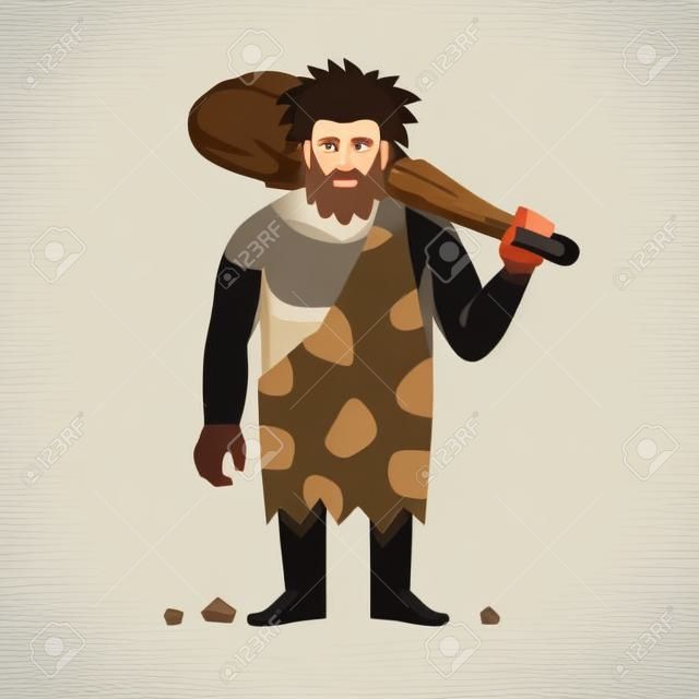 Stone age primitive man in animal hide pelt with big wooden club. Flat style vector illustration isolated on white background.