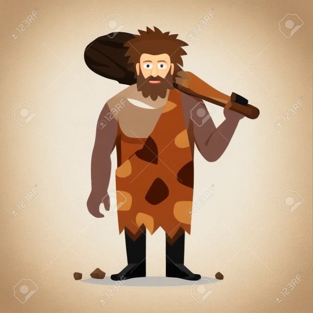 Stenen tijdperk primitieve man in dierenhuid pelt met grote houten club. Platte stijl vector illustratie geïsoleerd op witte achtergrond.