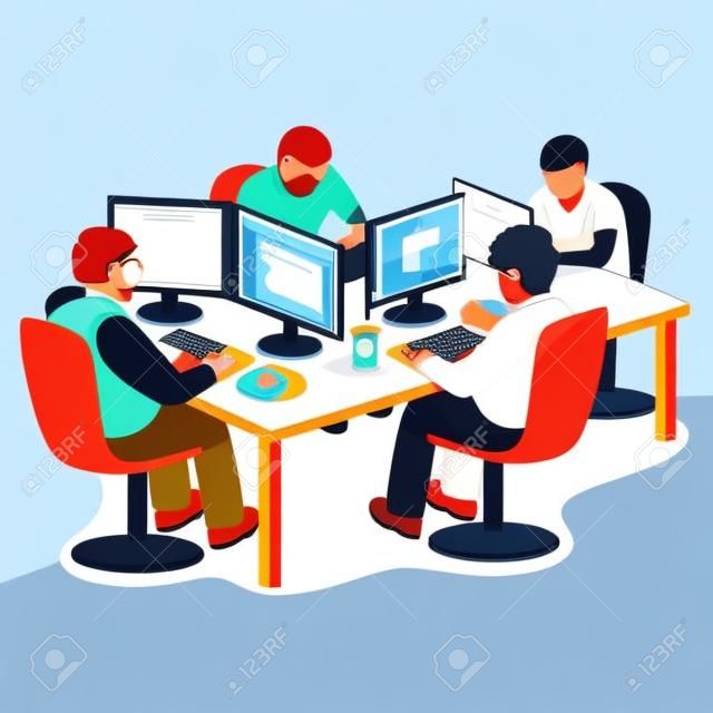 Empresa de TI no trabalho. Grupo de desenvolvedores de software pessoas que codificam juntos sentado na frente de suas telas de PC na mesa. Ilustração vetorial estilo plano isolado no fundo branco.