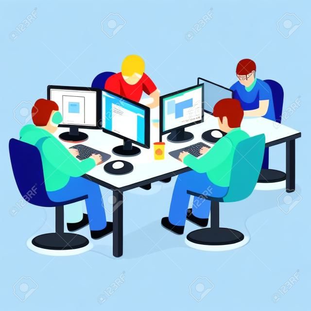 직장에서 IT 회사입니다. 소프트웨어 개발자 사람들의 그룹은 책상에 자신의 PC 화면 앞에 앉아 함께 코딩. 플랫 스타일 벡터 일러스트 레이 션 흰색 배경에 고립입니다.