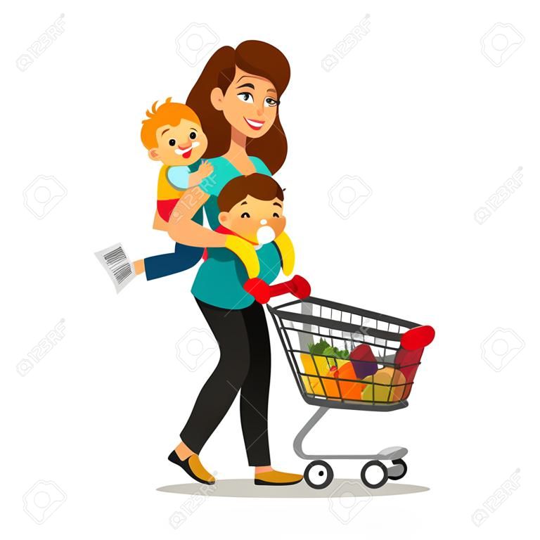 Young mother with son baby toddler in a sling pushing supermarket shopping cart full of groceries. Flat style vector illustration isolated on white background.