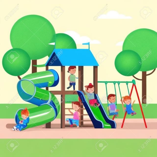 Grupa dzieci gry w plac zabaw publicznego miasta z huśtawki, zjeżdżalnie, rury i dom. Szczęśliwe dzieciństwo. Nowoczesne mieszkanie styl wektor ilustracja kreskówka.