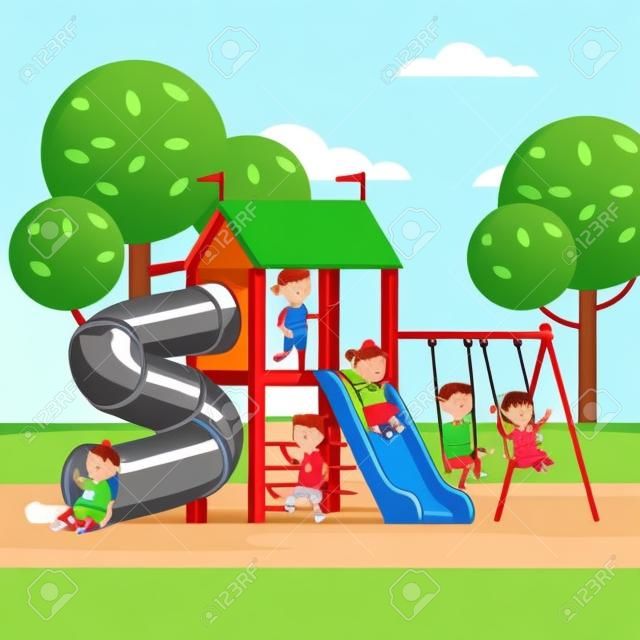 Group of kids playing game on a town public park playground with swings, slides, tube and house. Happy childhood. Modern flat style vector illustration cartoon clipart.