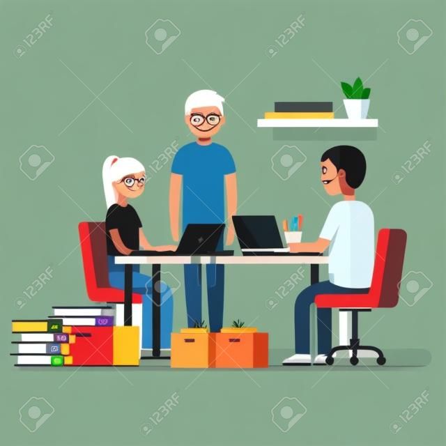 Small start up company. Game or app development. Group of young students software developers programming code together at home garage. Flat style vector illustration.
