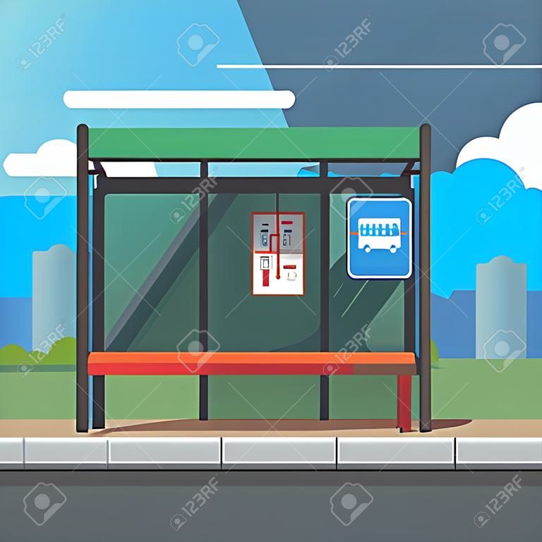 Empty suburban road bus stop with city transportation scheme placard inside and sign. Colorful flat style cartoon vector illustration.
