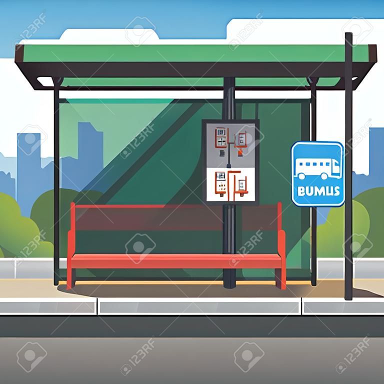 Puste podmiejskich przystanku autobusowego drogowego ze schematem komunikacji miejskiej tabliczką wewnątrz i na znak. Kolorowe stylu płaskim animowanych ilustracji wektorowych.