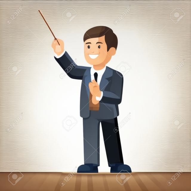 Condutor de orquestra em pé dirigindo música clássica com sua vara de madeira. Ilustração vetorial de estilo plano isolada no fundo branco.