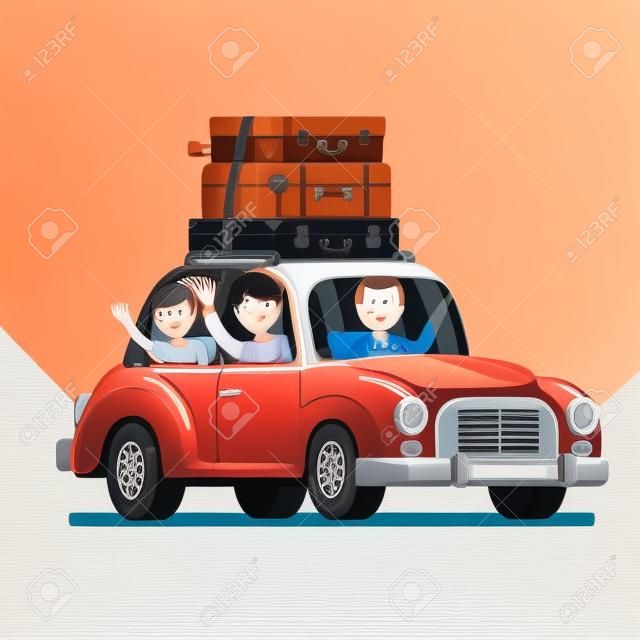 Família viajando de carro com sacos de bagagem no telhado
