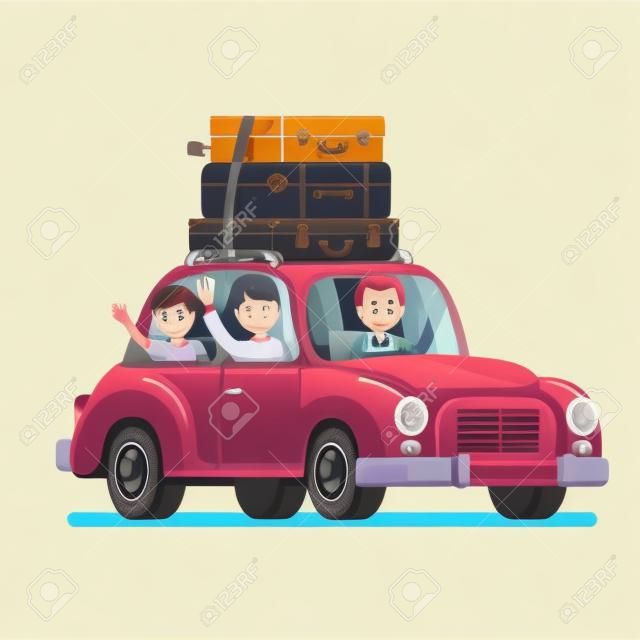 Família viajando de carro com sacos de bagagem no telhado