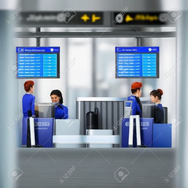 空港のチェックイン デスクのカウンターで働く女性