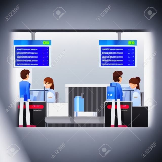 Kobieta pracuje przy lotniskowym czekiem w biurka kontuarze