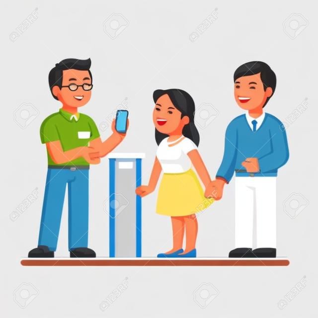 Shop assistant showing smartphone in hand to customers man, woman. Family couple buying cell phone at electronics store. Retail business. Flat style vector illustration isolated on white background.