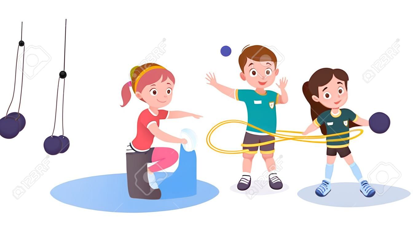 Niños en forma, niñas entrenando, haciendo ejercicios deportivos.