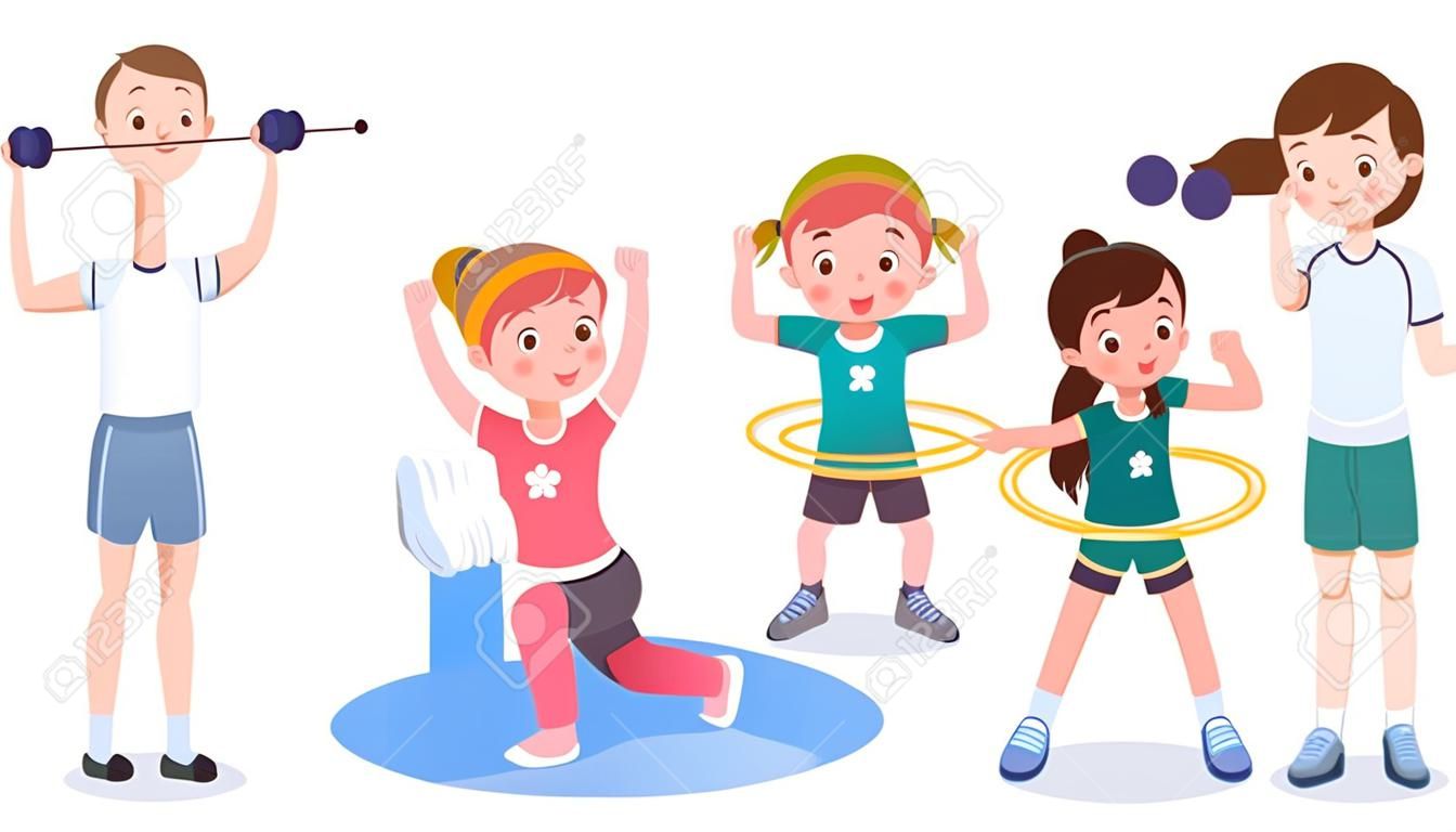 Meninos aptos, meninas treinando, fazendo exercícios esportivos