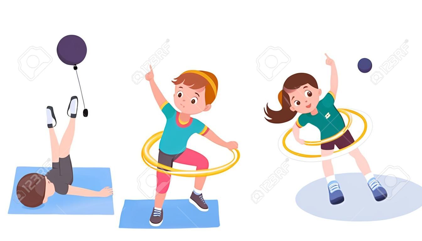Fit boys, girls training, doing sport exercises