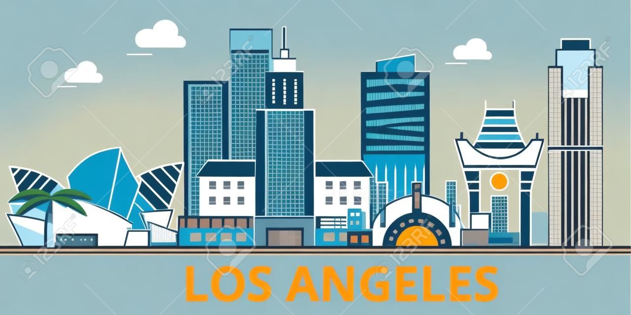 Los Angeles ciudad horizonte, edificios, calles, silueta, arquitectura, paisaje, panorama, lugares de interés. Trazos editables. Línea de diseño plano concepto de ilustración vectorial. Iconos aislados en el fondo