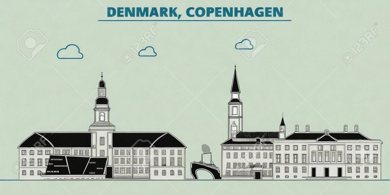 Denmark, Copenhagen architecture line skyline illustration. Linear vector cityscape with famous landmarks, city sights, design icons. Editable strokes