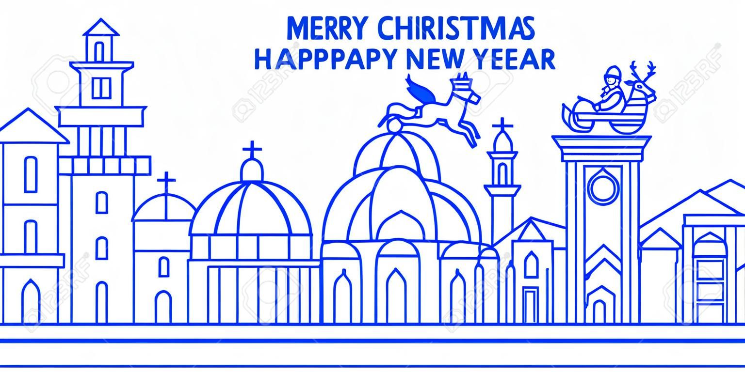 Italy, Florence winter city skyline. Merry Christmas, Happy New Year decorated banner with Santa Claus.Winter greeting line card.Flat, outline vector. Linear christmas snow illustration