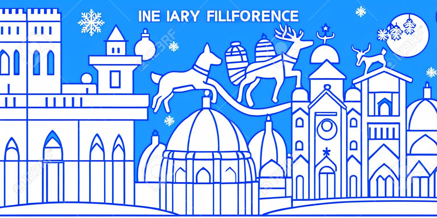Italy, Florence winter city skyline. Merry Christmas, Happy New Year decorated banner with Santa Claus.Winter greeting line card.Flat, outline vector. Linear christmas snow illustration
