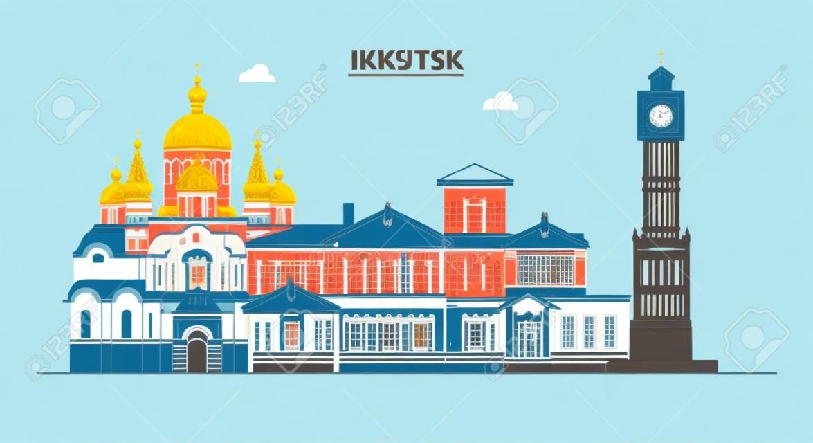 Russia, Irkutsk. City skyline: architecture, buildings, streets, silhouette, landscape, panorama. Flat line vector illustration. Russia, Irkutsk outline design.
