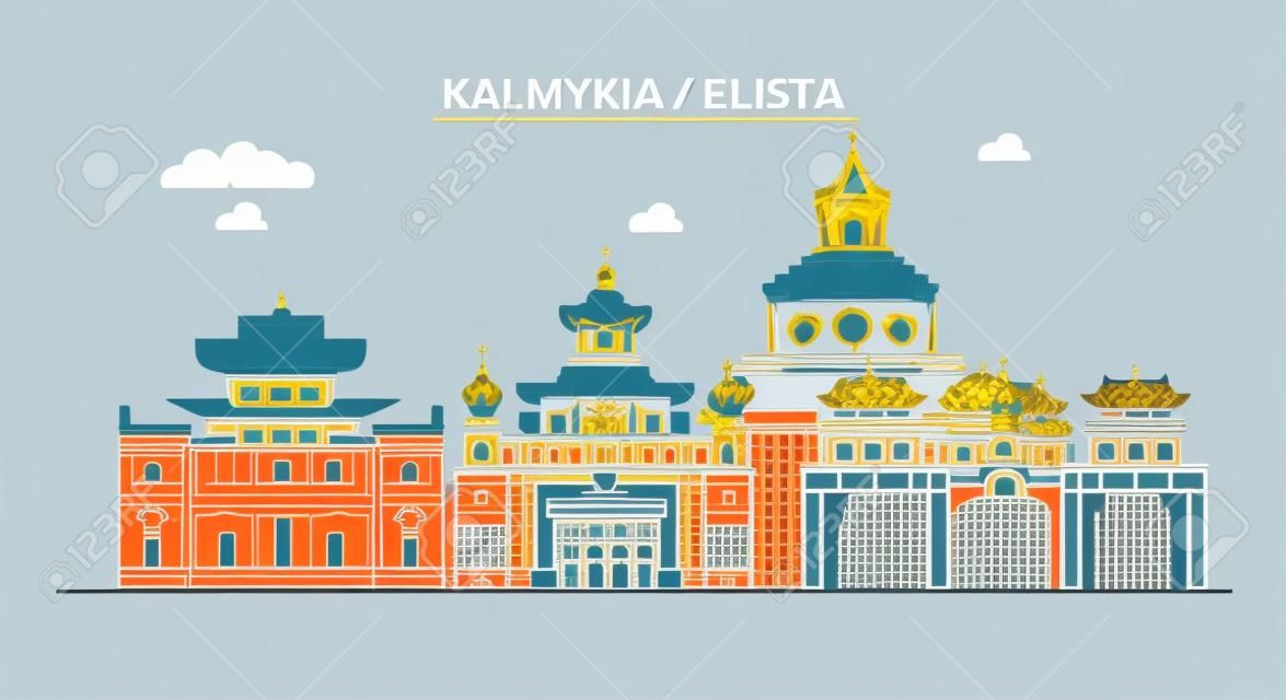 Russia, Kalmykia, Elista. City skyline: architecture, buildings, streets, silhouette, landscape, panorama. Flat line vector illustration. Russia, Kalmykia, Elista outline design.