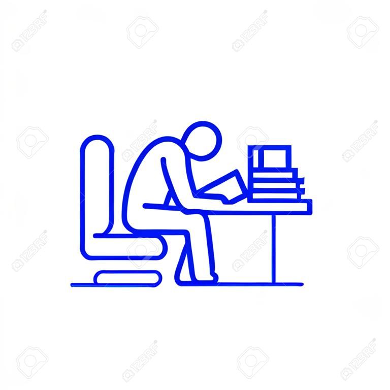 Homem que estuda, lendo o livro no ícone do conceito da linha da biblioteca. Homem que estuda, lendo o livro no sinal liso do Web site do vetor da biblioteca, símbolo do esboço, ilustração.