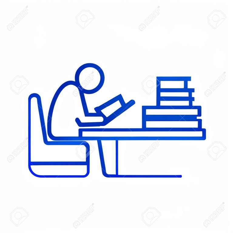 Hombre estudiando, leyendo un libro en el icono de concepto de línea de biblioteca. Hombre estudiando, leyendo un libro en el sitio web de vector plano de la biblioteca, signo, símbolo de contorno, Ilustración.