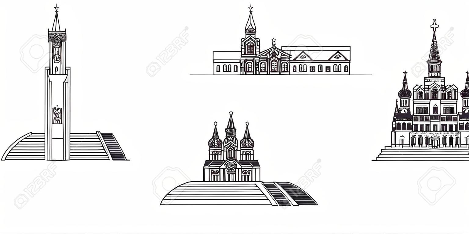 Russia, Izhevsk line travel skyline set. Russia, Izhevsk outline city vector panorama, illustration, travel sights, landmarks, streets.