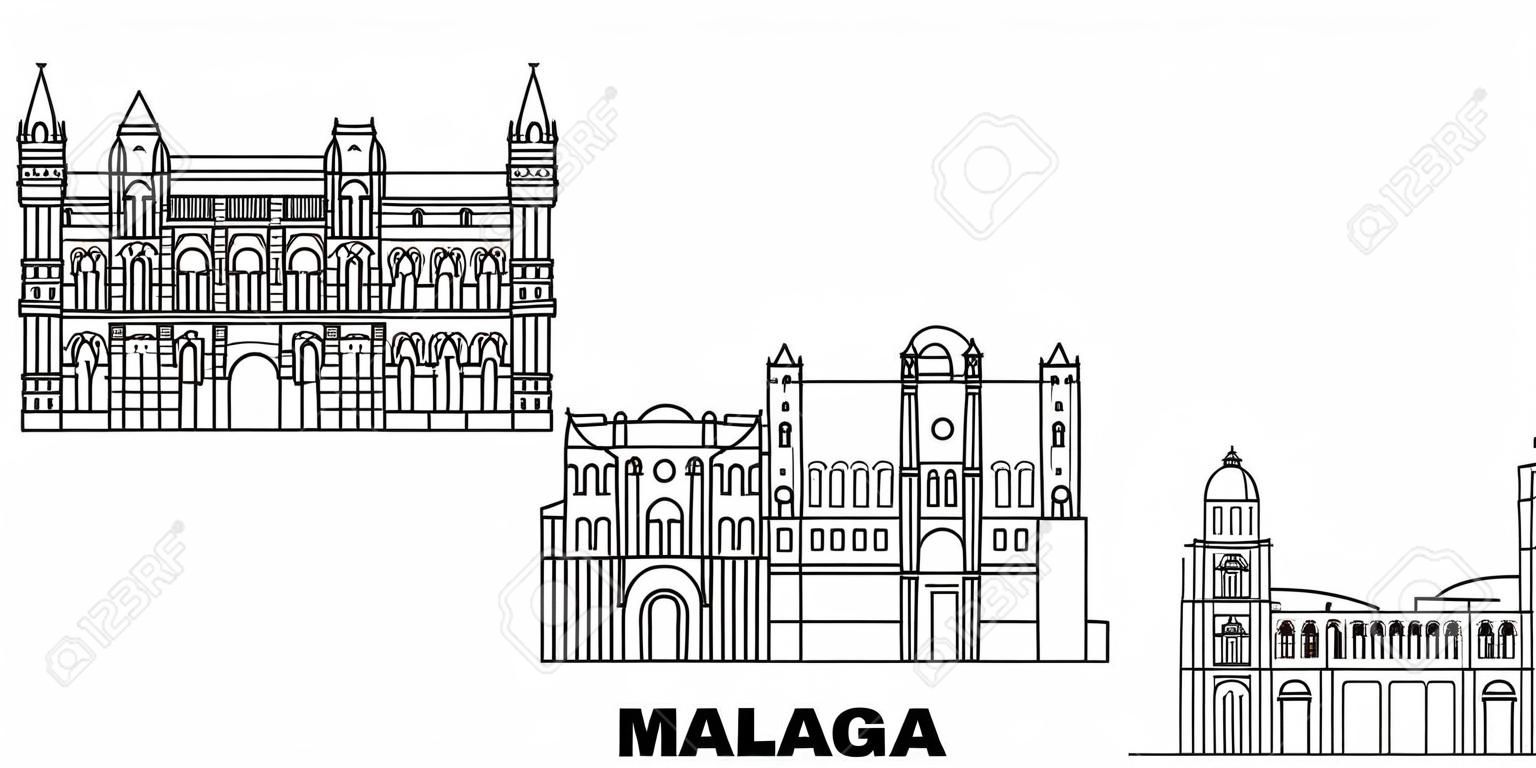 Spain, Malaga line travel skyline set. Spain, Malaga outline city vector panorama, illustration, travel sights, landmarks, streets.