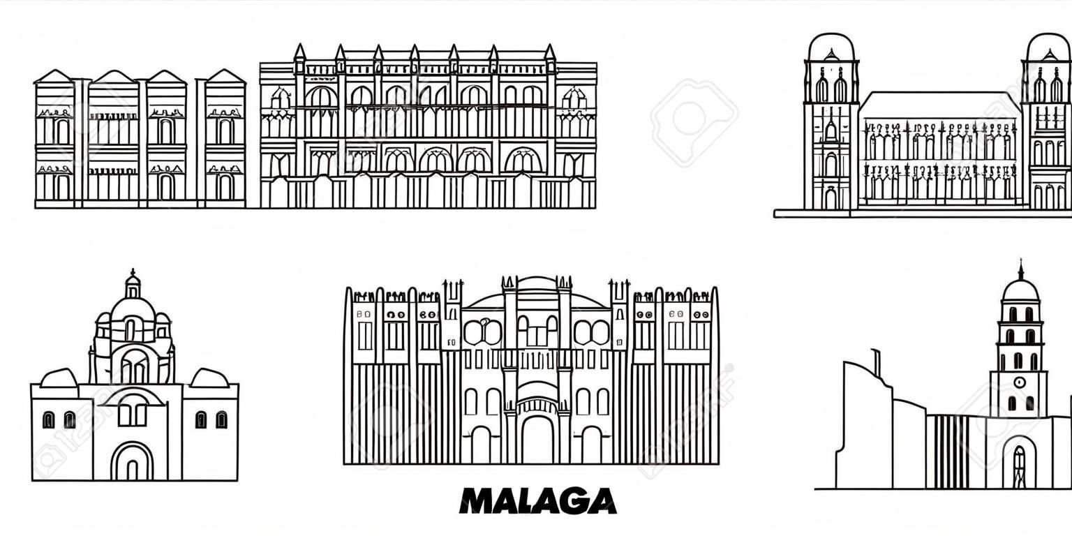 Spain, Malaga line travel skyline set. Spain, Malaga outline city vector panorama, illustration, travel sights, landmarks, streets.