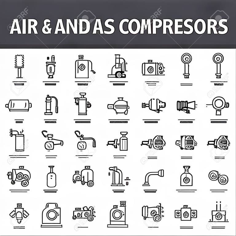 Icone della linea di compressori di aria e gas, set di segni, vettore. Illustrazione del concetto di contorno dei compressori di aria e gas: compressore,gas,aria,industriale,attrezzatura,alimentazione,utensile