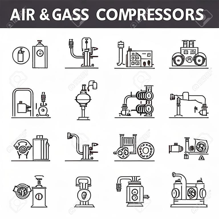 Luft- und Gaskompressoren Liniensymbole, Zeichensatz, Vektor. Luft- und Gaskompressoren skizzieren Konzeptillustration: Kompressor, Gas, Luft, Industrie, Ausrüstung, Energie, Werkzeug