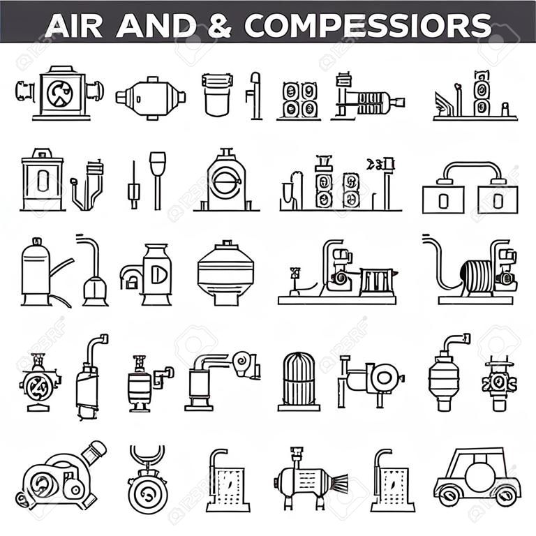 공기 및 가스 압축기 라인 아이콘, 표시 설정, 벡터. 공기 및 가스 압축기 개요 개념 그림: 압축기, 가스, 공기, 산업, 장비, 전원, 도구