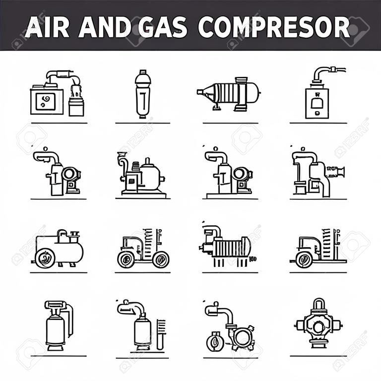Icone della linea di compressori di aria e gas, set di segni, vettore. Illustrazione del concetto di contorno dei compressori di aria e gas: compressore,gas,aria,industriale,attrezzatura,alimentazione,utensile