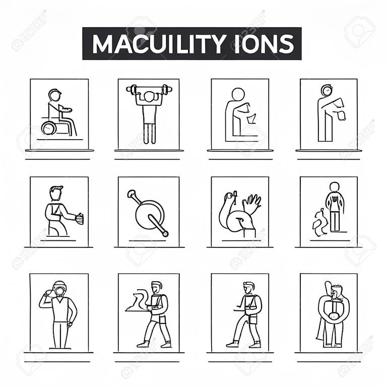 Iconos de línea de masculinidad, conjunto de signos, vector. Ilustración del concepto de esquema de masculinidad: masculino, hombre, niño, estilo, símbolo