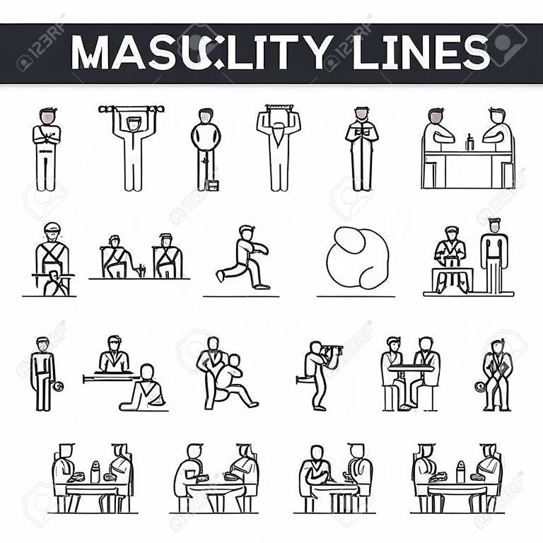 Iconos de línea de masculinidad, conjunto de signos, vector. Ilustración del concepto de esquema de masculinidad: masculino, hombre, niño, estilo, símbolo