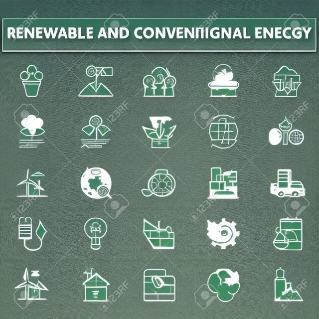 Ikony linii energii odnawialnej i konwencjonalnej, znaki, wektor zestaw, koncepcja zarysu, ilustracja liniowa