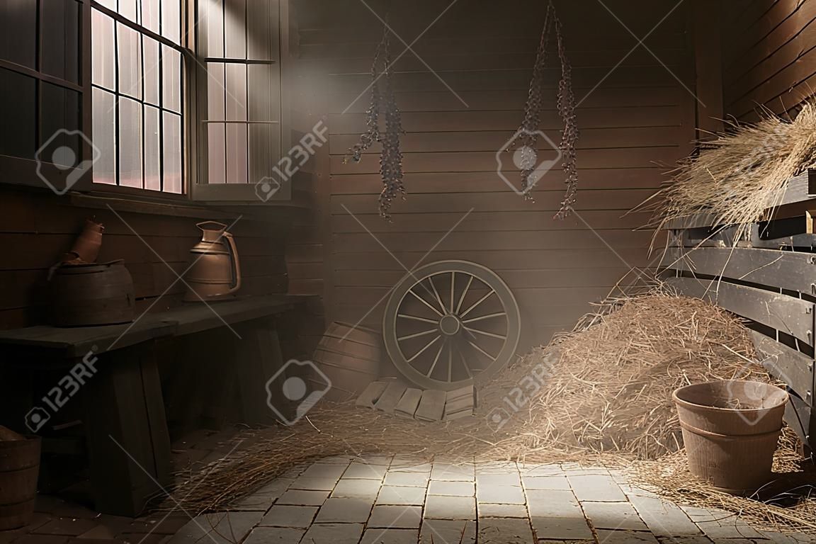 Установка деревни сарай с сеном в фотостудии