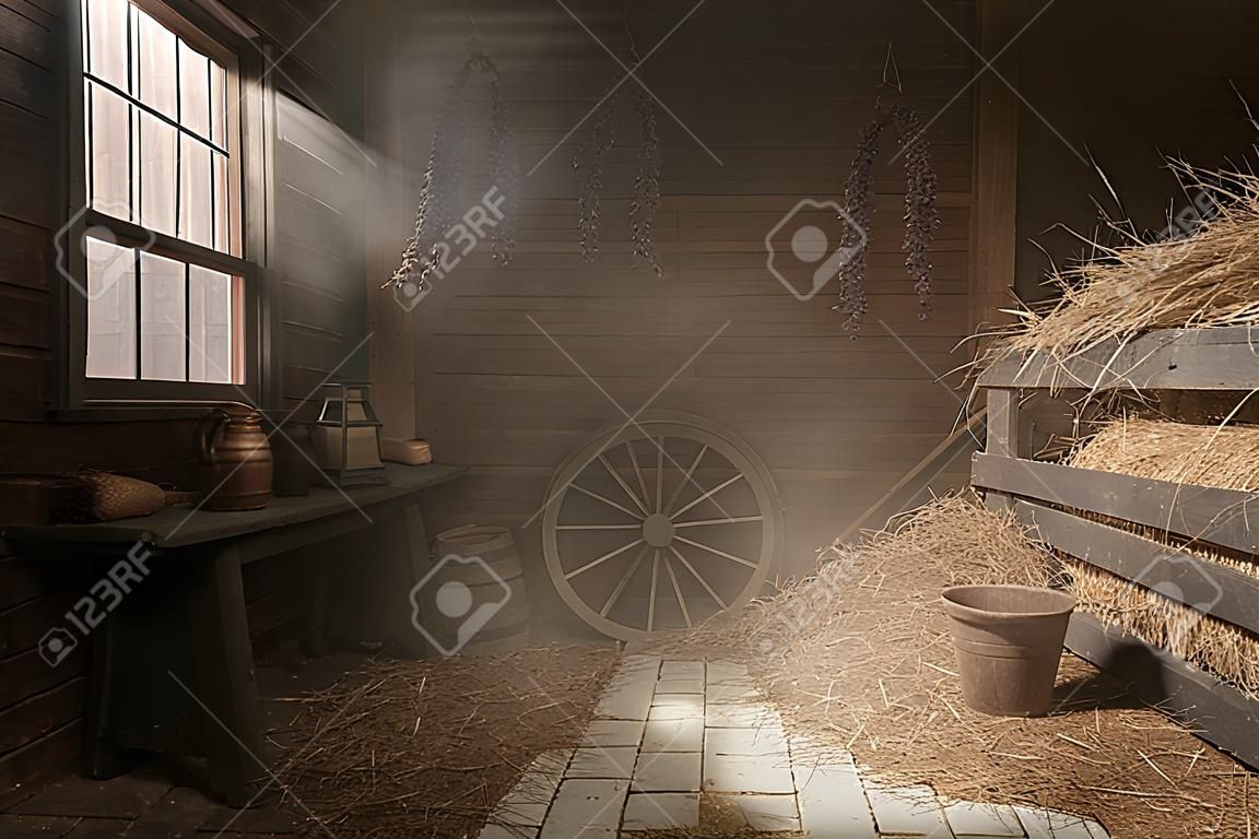 Instalacja stodołę osadę z siana w studio fotograficznym