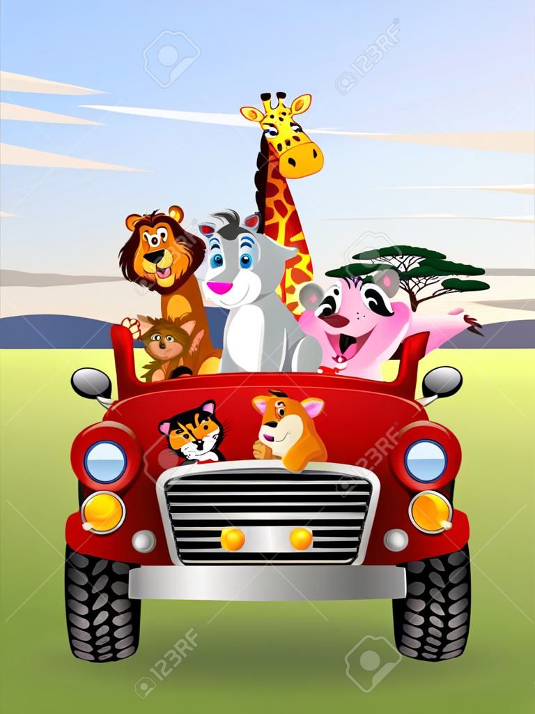 Ilustracja Cartoon ZwierzÄ…t w czerwonym samochodzie