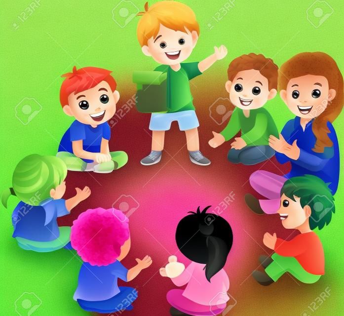 Bambini seduti in cerchio a leggere una poesia Po