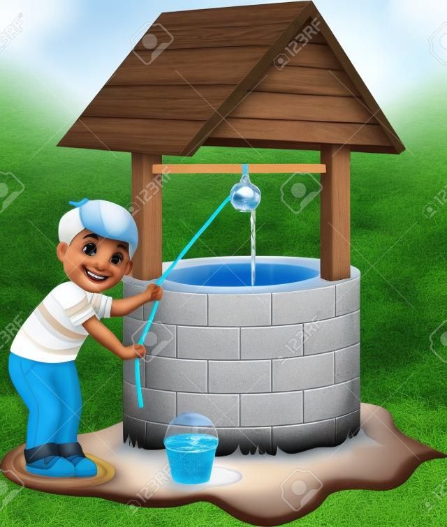 Chico toma agua en el pozo